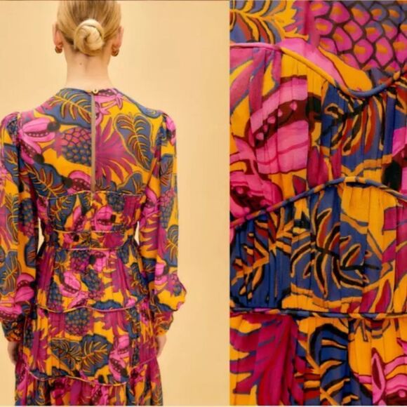 FARM RIO Pink Yellow Fruit Dream Long Sleeve Ruffle Pleated Mini Small $265 - Picture 8 of 14